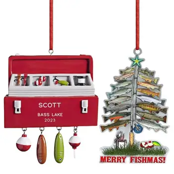 Рождественский кулон в форме рыболовного крючка, 2D Акриловый орнамент, Рождественская елка, Реалистичная подвеска в виде рыбы, настенное искусство со шнурком, Декор в виде дерева