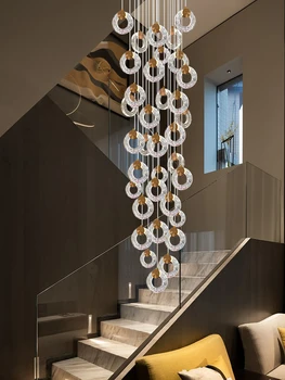 Роскошная круглая люстра в стиле Лофт с хрустальным подвесным светильником для гостиной, светильники для внутреннего освещения, люстра для лестницы на вилле
