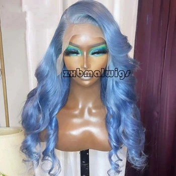 Светло-голубой Объемный волнистый парик из синтетических волос на кружеве для женщин, бесклеевые волокнистые волосы, прозрачные кружевные парики