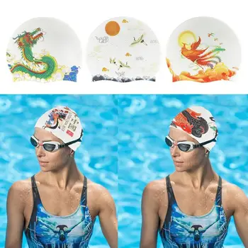 Силиконовые шапочки для плавания для взрослых мужчин и женщин, шапочки для плавания в китайском стиле с цветочным мультяшным принтом, водонепроницаемые шапочки для плавания