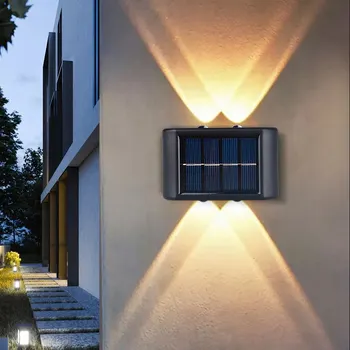 Солнечный настенный светильник на открытом воздухе 4/10/16 светодиодов С теплым светом, водонепроницаемое верхнее и нижнее световое освещение, светильники для украшения балкона, двора, сада
