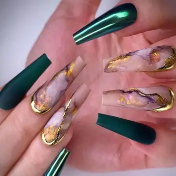 Французские накладные ногти Новые Зеленые Мраморные Длинные Кончики в виде Балерин, полное покрытие, съемные накладные ногти Для женщин и девочек