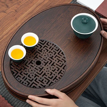 Чайный столик с подносом из натурального бамбука, Массивный деревянный поднос для хранения воды, Чайный набор Кунг-фу, Аксессуары для дома, Овальный поднос для домашнего офиса