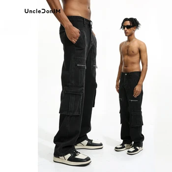 Черные джинсы-карго с несколькими карманами, мужские джинсы в стиле хип-хоп, Y2k Hombre, потертый деним, прямая поставка