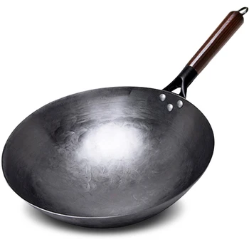 Чугунный вок без покрытия, Китайский Традиционный вок ручной работы для кухонной сковороды, Деревянная ручка для газовой посуды на 1-2 персоны