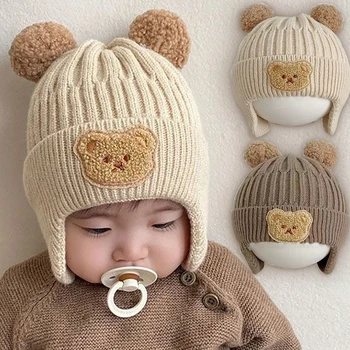 Шапочки для защиты ушей для малышей 1-4 лет, вязаная шерстяная шапочка-наушник с милым медведем, детские зимние утепленные теплые шапочки, шапка-кролик