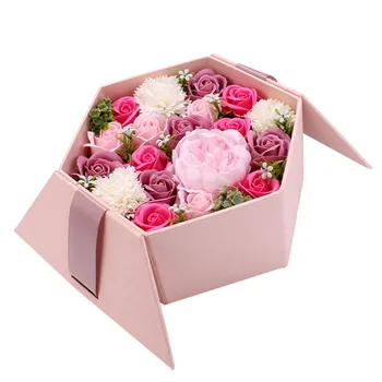 Шестиугольная подарочная коробка с цветами из мыла, искусственный цветок розы, Рождественский подарок на День Святого Валентина, Юбилейная вечеринка, Свадебное цветочное украшение